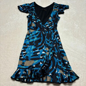 Betsey Johnson Womens Y2K Mini Wrap‎ Dress Size 4 Blue Leopard Silk USA Ruffles